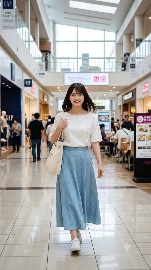 Young Japanese woman in casual white top and blue skirt smiling while walking through a bright modern shopping mall.