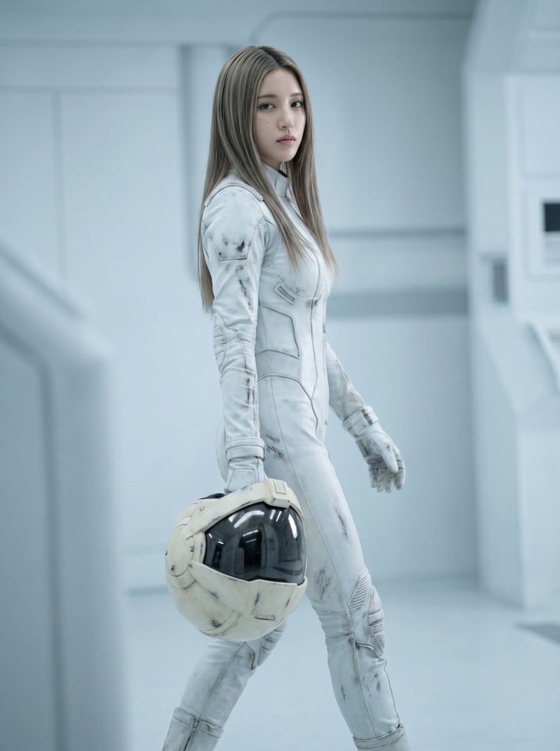 A young woman in a futuristic white pilot suit holds a helmet and gazes coolly at the camera in a minimalist sci-fi interior.