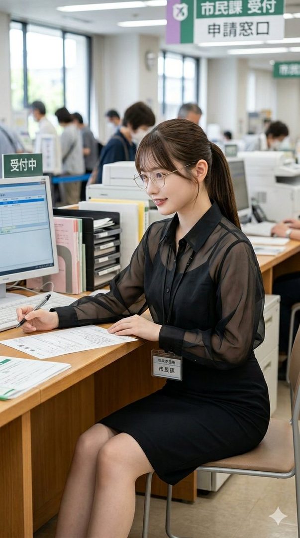 A young East Asian woman with glasses and a ponytail wearing a sheer black blouse sits at a desk in a busy municipal office, holding a pen over documents.
