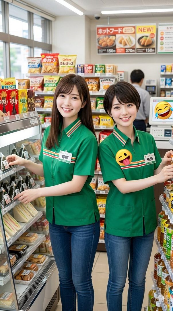 Two young Japanese women in green convenience store uniforms smiling and posing together inside a brightly lit store aisle.