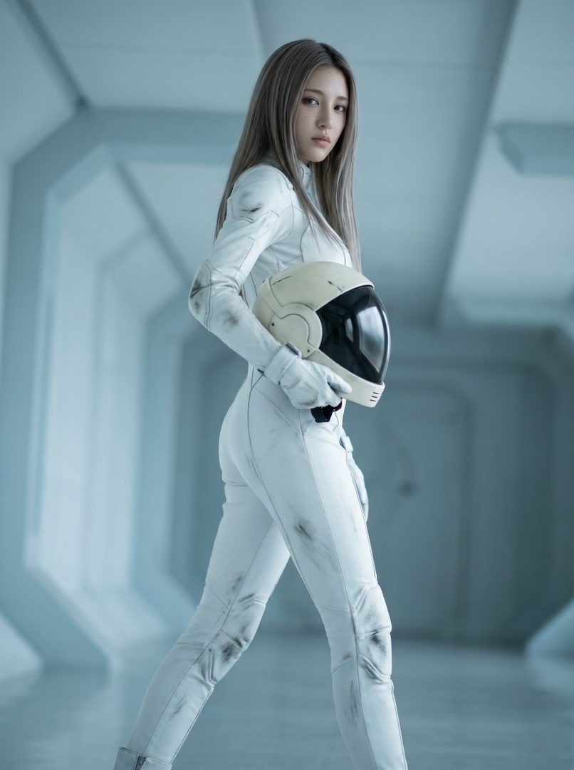 A woman in a white futuristic pilot suit holds a helmet in a sci-fi corridor, looking at the camera.