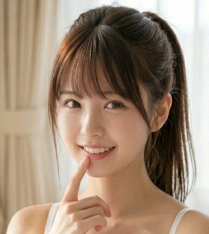 A young East Asian woman with a dark ponytail and bangs smiles gently while touching her chin in soft indoor lighting.