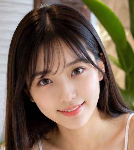 Close-up beauty portrait of a young East Asian woman with long dark hair, soft bangs, and a gentle smile against a blurred green plant background.
