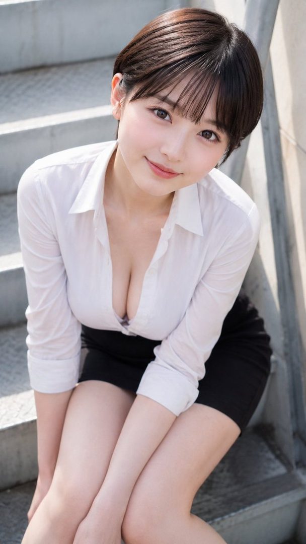 Young East Asian woman with short dark hair wearing an open white blouse and black skirt, smiling while seated on concrete stairs.
