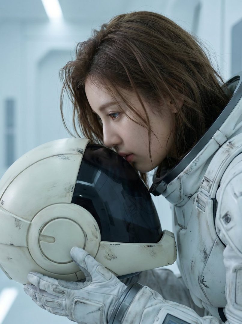A young woman in a futuristic white pilot suit gently rests her forehead against a worn helmet in a sci-fi setting.