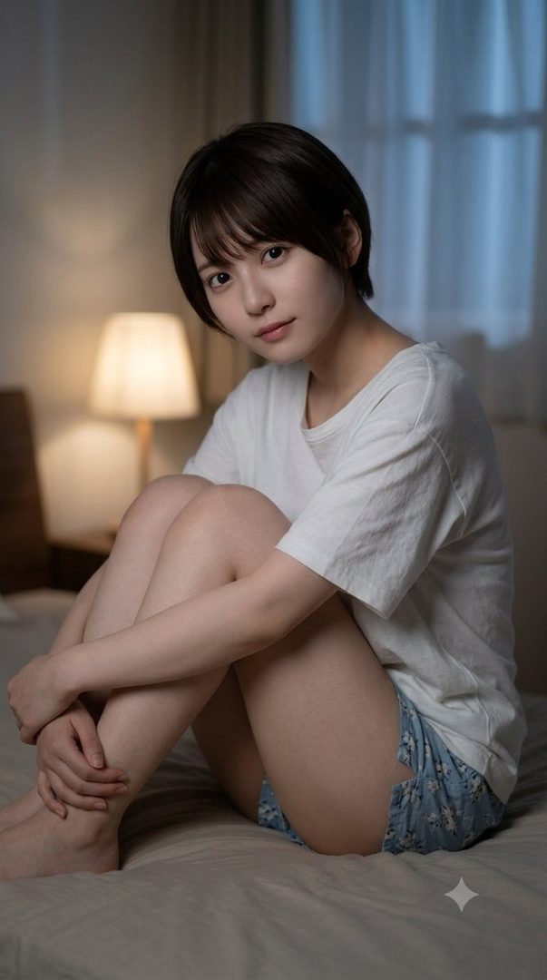 Young Japanese woman with short dark hair sitting barefoot on a bed in a softly lit bedroom wearing a white t-shirt and patterned shorts.