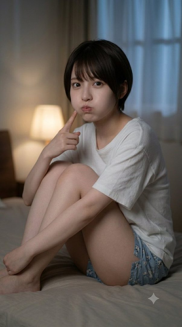 Young woman with short dark hair in casual clothes sitting on a bed making a cute pouty face.