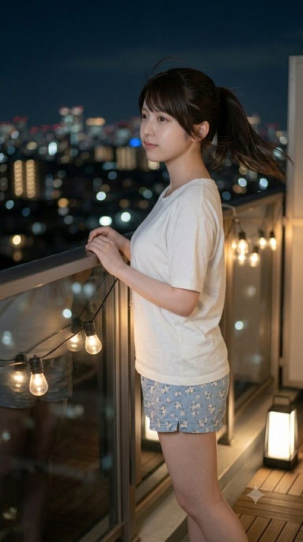 A young woman with a ponytail stands on a nighttime balcony overlooking a glowing city, wearing a white t-shirt and floral shorts.