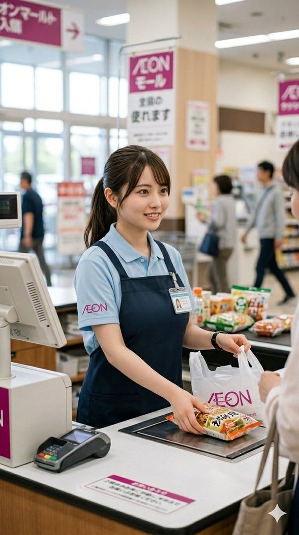 Smiling young Japanese woman in Aeon uniform working the cash register and handing a shopping bag to a customer.