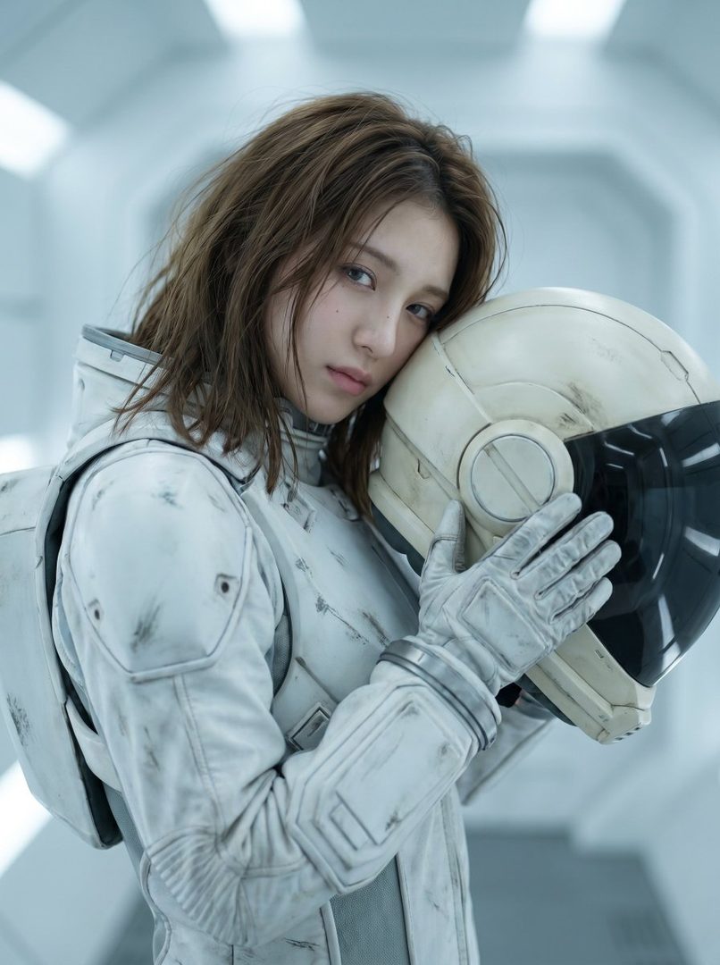 A young woman in a worn white spacesuit holds a helmet, resting her head against its visor in a melancholic pose within a futuristic setting.