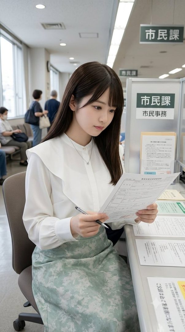 Young Japanese woman in a white blouse reviewing documents at a city hall service counter.
