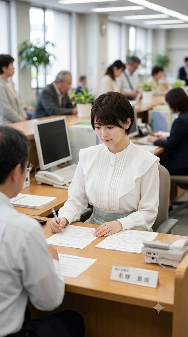 Young Japanese office lady with short black hair in a white blouse writing documents at a desk in a busy office.