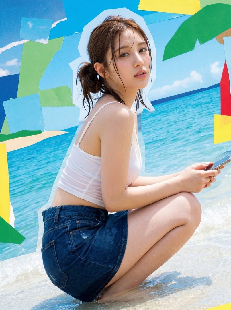 A young woman with wet brown hair tied in a messy ponytail, wearing a white cropped cami and denim mini skirt, squats in shallow blue water with a colorful collage background.