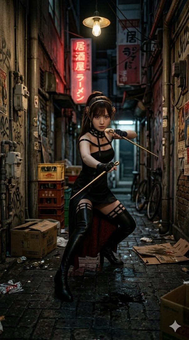 A woman cosplaying as Yor from Spy x Family in a dynamic fighting pose with swords in a dark neon-lit alley.