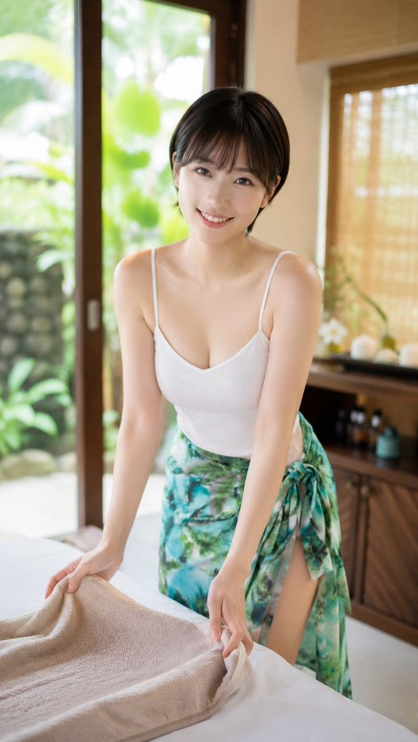 Smiling young East Asian woman with short dark hair in a white camisole and floral skirt leaning on a table in a sunlit room.