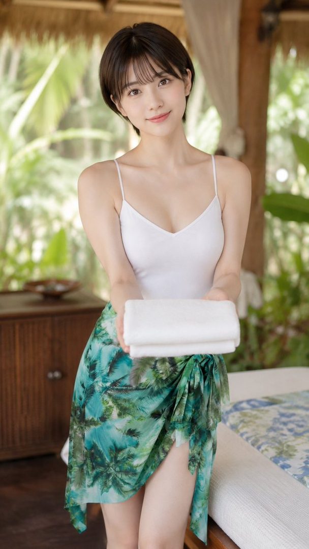 Young East Asian woman with short black hair smiling gently while holding a folded white towel in a bright tropical resort villa.