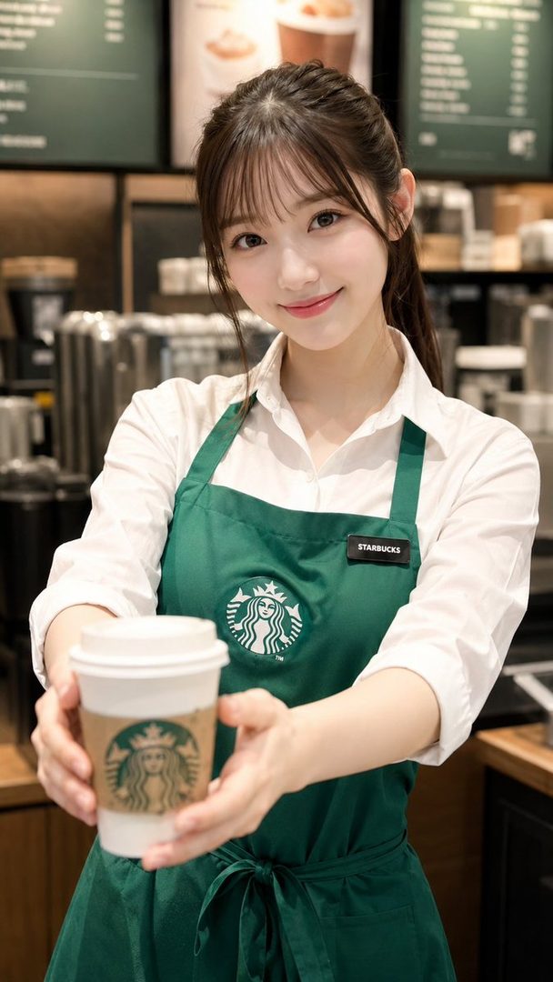 A young East Asian woman in a green Starbucks apron smiles while holding out a coffee cup inside a modern cafe.