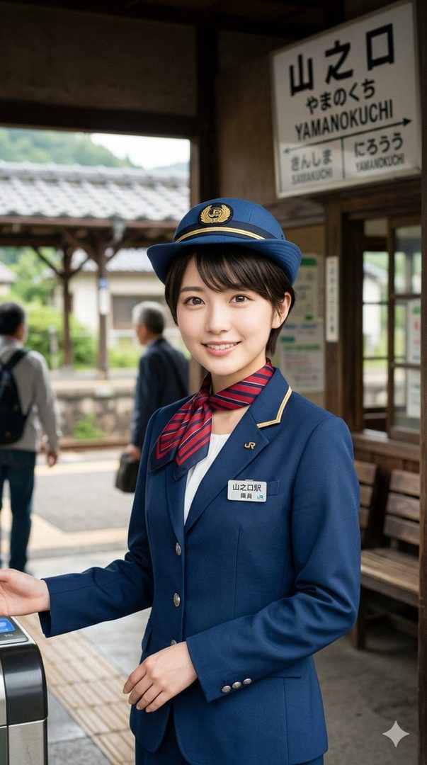 Smiling young Japanese woman in blue station attendant uniform posing at Yamanokuchi train station.
