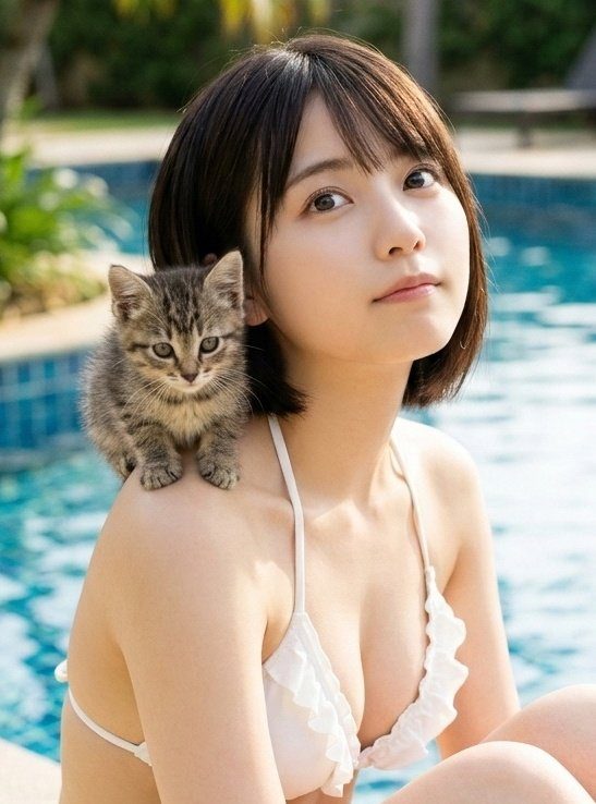 Young East Asian woman in a white ruffled bikini sitting poolside with a small tabby kitten perched on her shoulder.