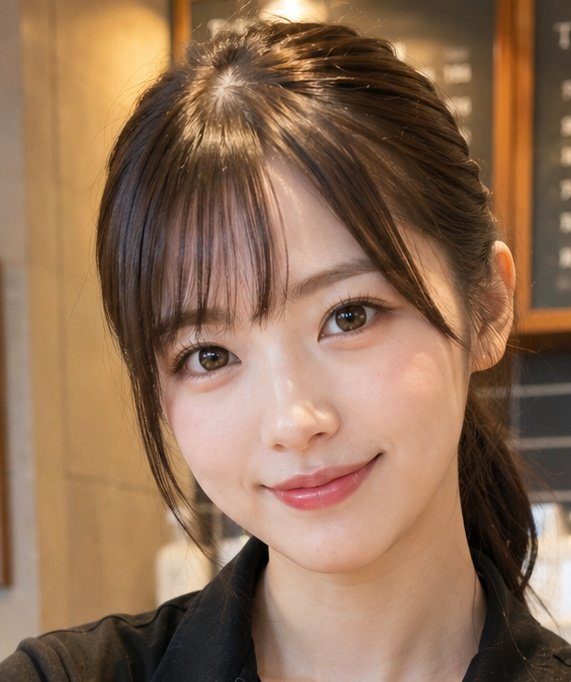 Close-up portrait of a young East Asian woman with dark brown hair in a ponytail, soft bangs, and a gentle smile.