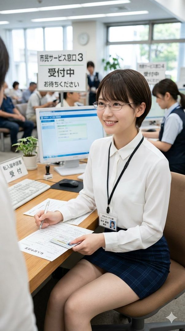 Smiling young Japanese woman in office uniform at a city hall service counter holding documents.