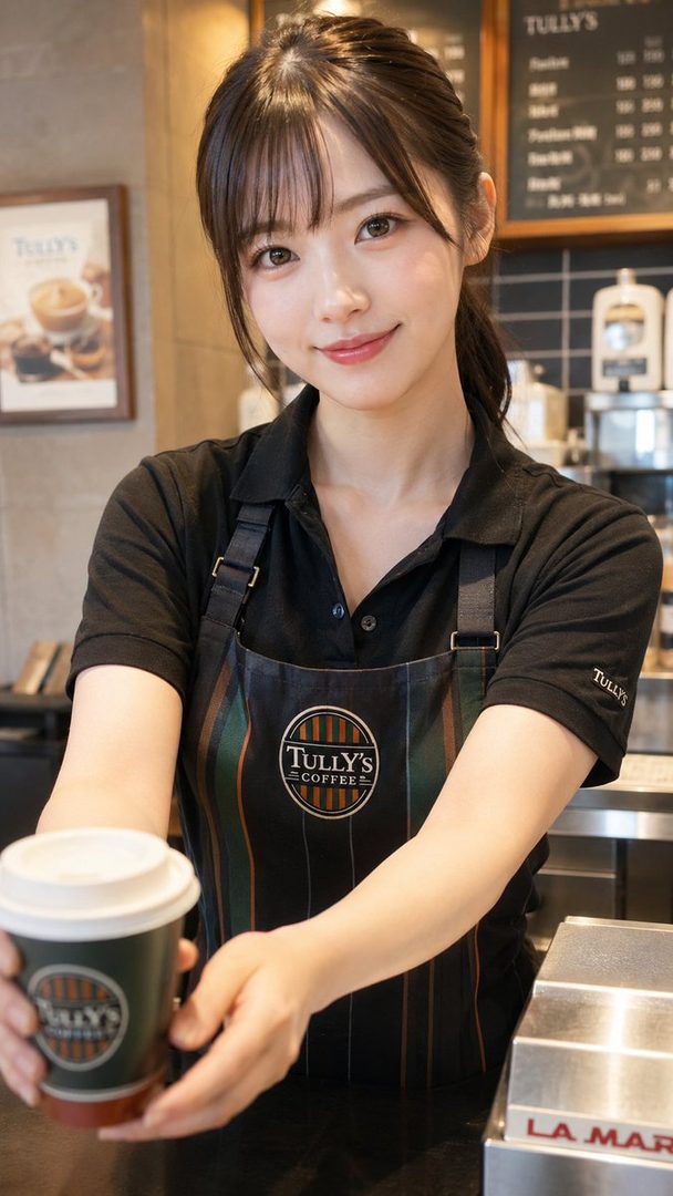Young Japanese barista in Tully's uniform smiling and offering a coffee cup inside a modern cafe.