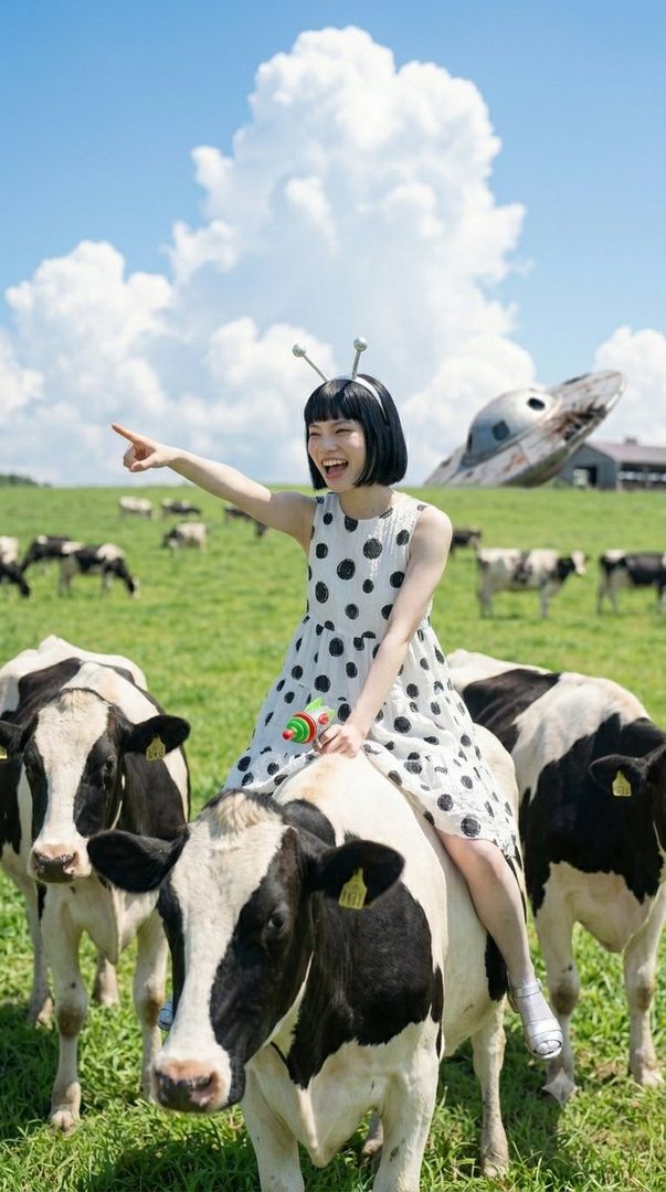 A woman with a bob cut and alien antennae headband, wearing a white polka dot dress, sits on a cow in a grassy field with other cows and a crashed UFO in the background, pointing and smiling.