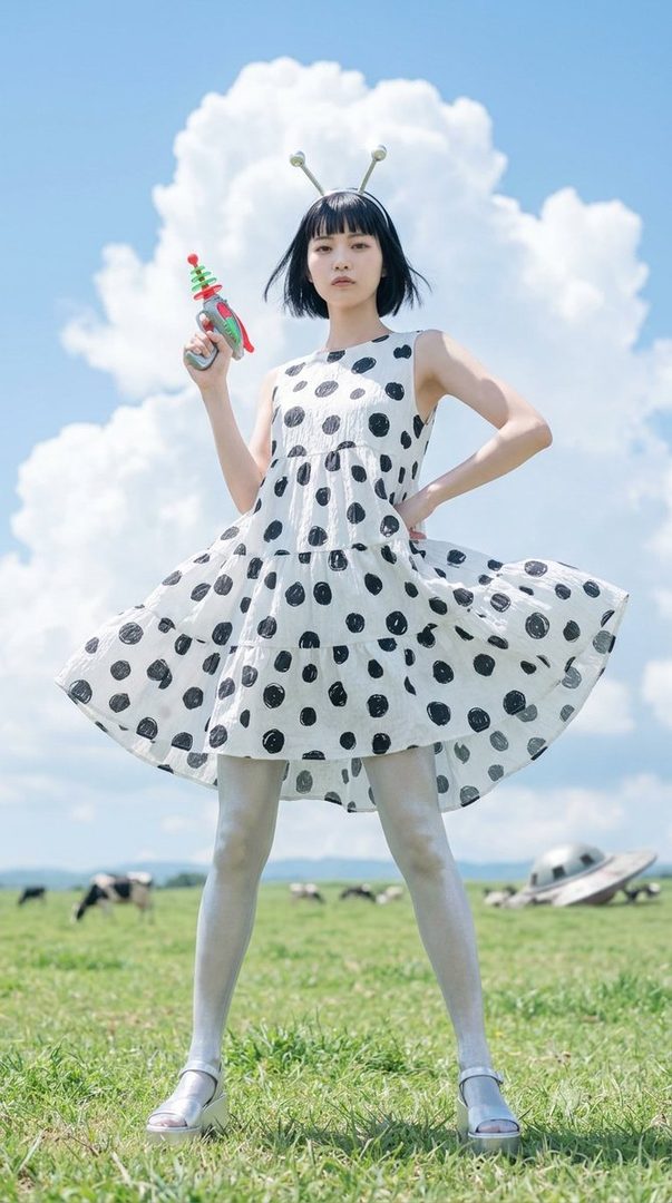 A woman in a white polka dot dress, silver tights, and an alien antennae headband holds a toy ray gun in a grassy field with a crashed UFO and cows in the background.