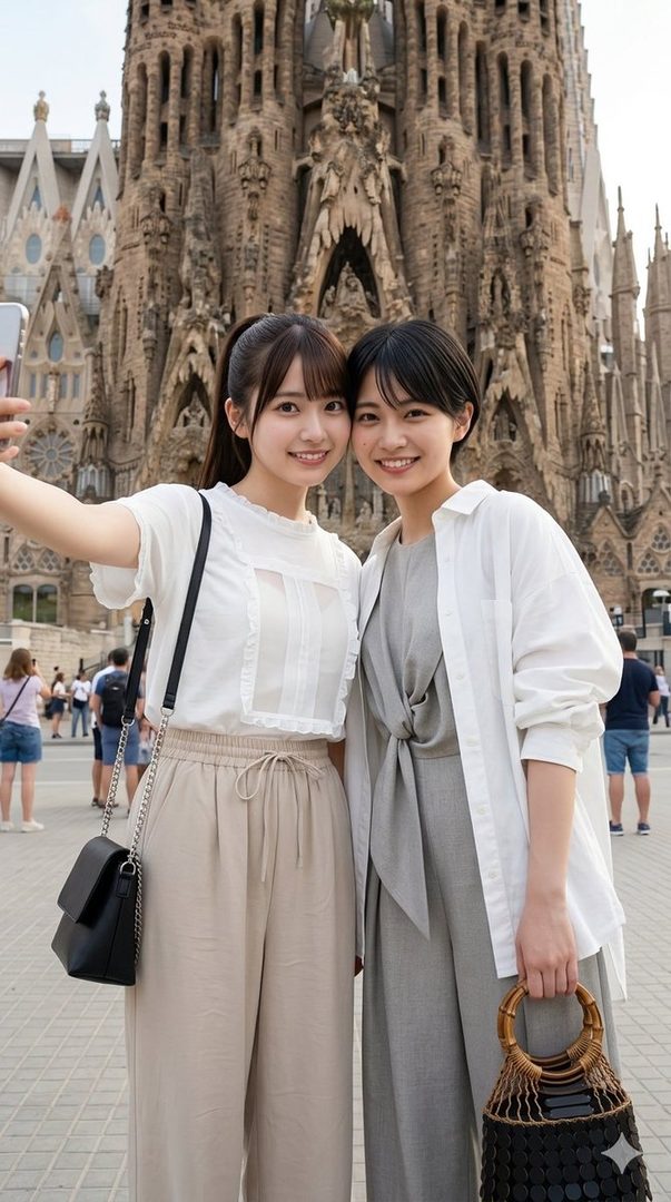 Two young Japanese women smiling and taking a selfie together in front of the Sagrada Familia basilica.
