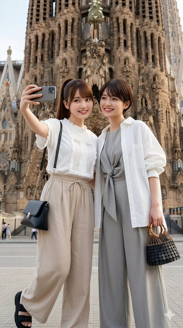 Two young East Asian women smiling and taking a selfie together in front of the Sagrada Familia basilica in Barcelona.
