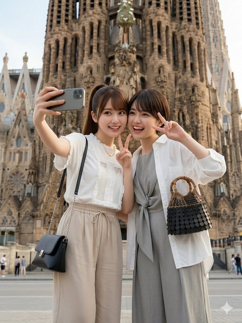 Two young women smiling and taking a selfie together in front of the Sagrada Familia basilica.