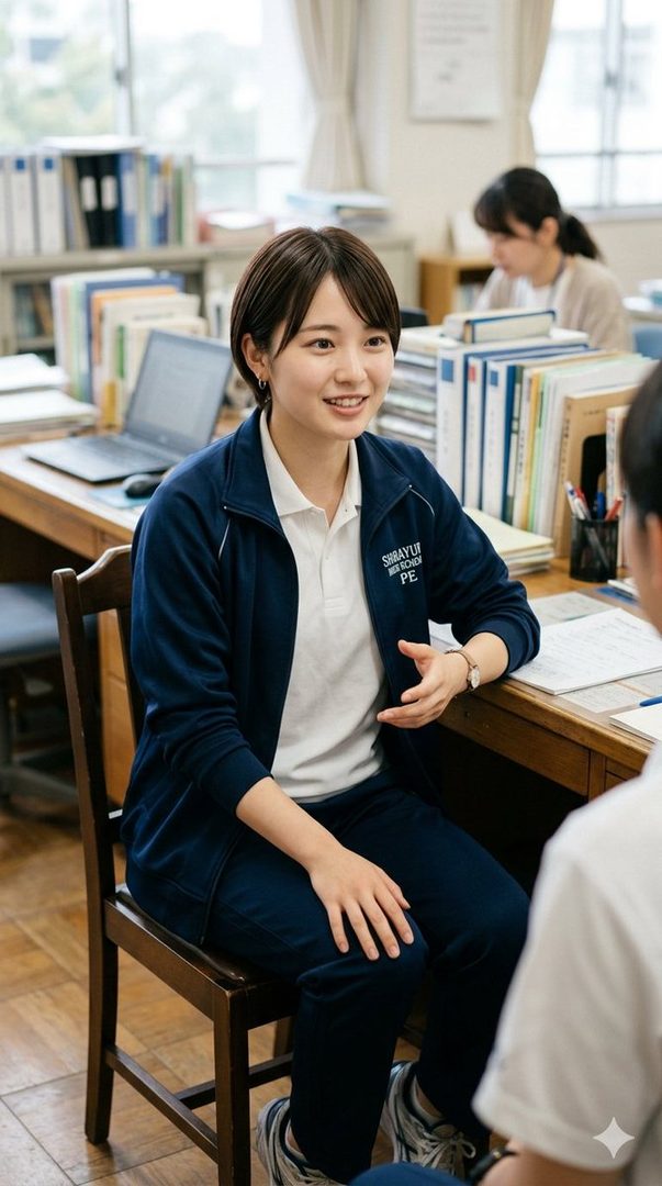 A smiling young Japanese woman in a Shirayuri High School PE tracksuit sits in a bright classroom office.