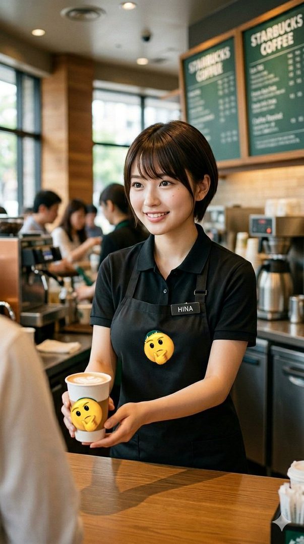 Young Japanese barista Hina smiling while holding a coffee cup with emoji stickers inside a Starbucks cafe.
