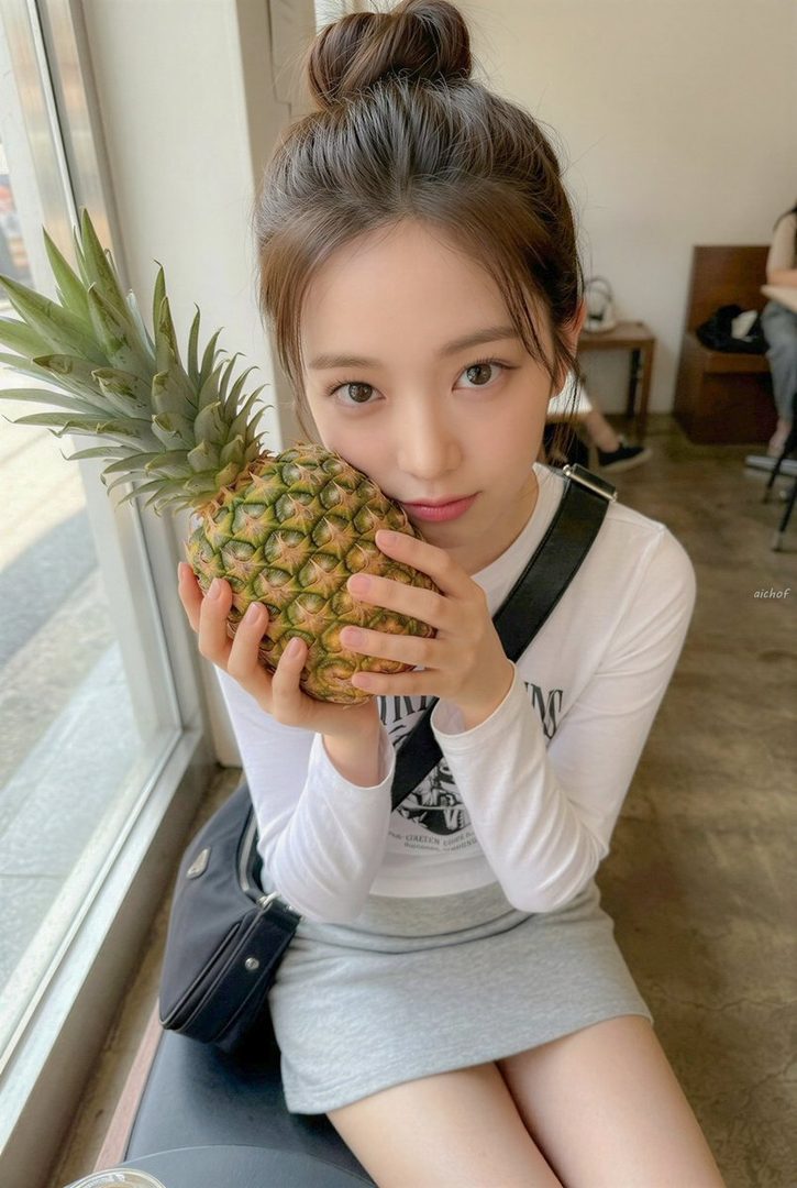 Young East Asian woman with hair in a bun playfully holding a whole pineapple near her face indoors.