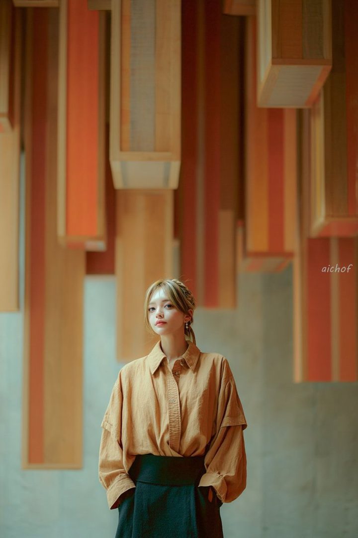 A young East Asian woman in a loose tan shirt stands thoughtfully in front of a vibrant hanging wooden art installation.