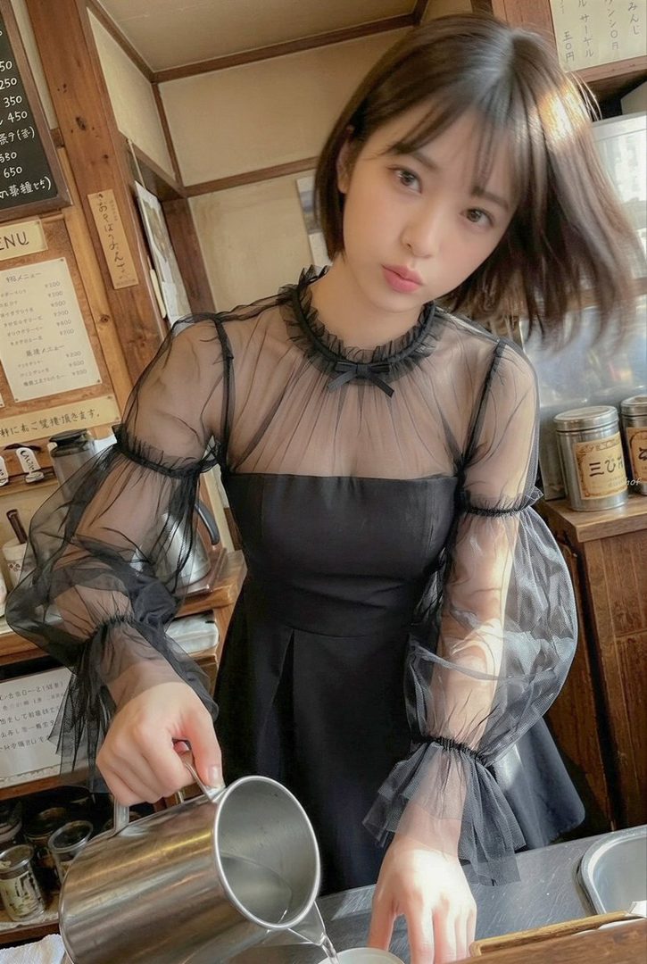 Young Japanese woman in a black sheer dress pouring coffee behind the counter of a cozy cafe.