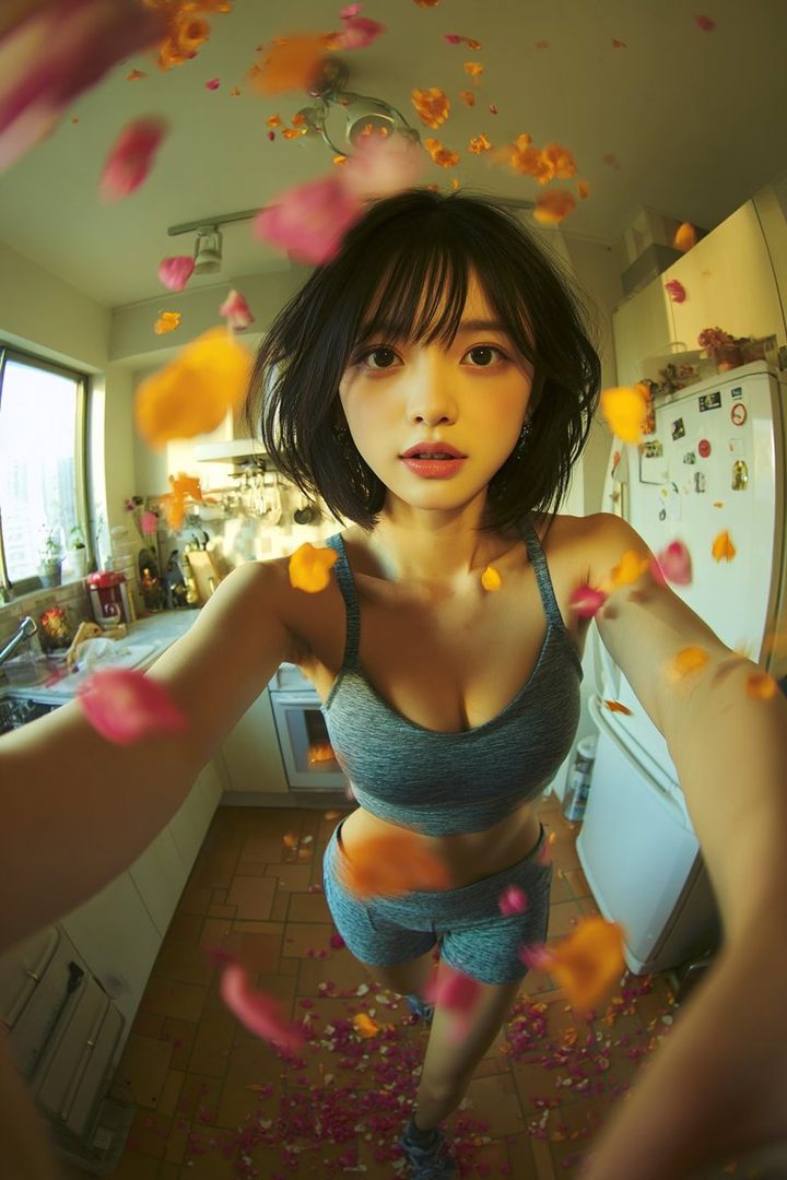 Young East Asian woman with short black hair taking a selfie in a bright kitchen while colorful flower petals float around her athletic outfit.