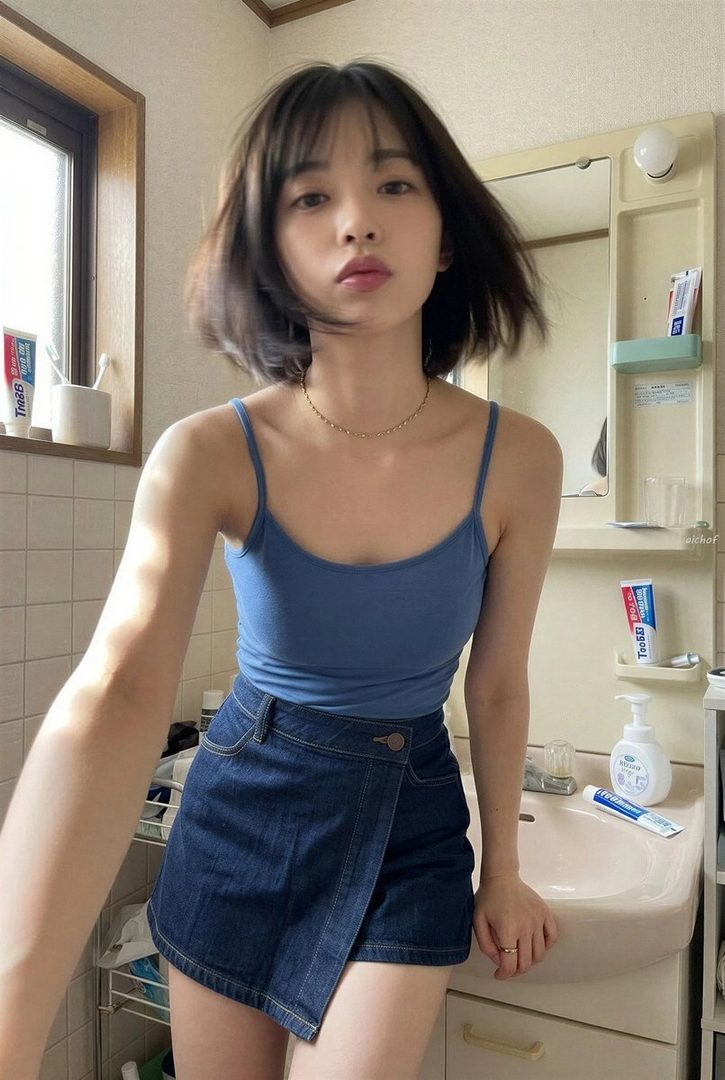 Young woman with short dark bob hair in a blue tank top and denim skirt taking a casual selfie in a bathroom.