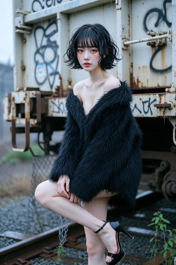 A woman with short black wavy hair and bangs wears a black faux fur coat off her shoulders and black high heels, posing on train tracks next to a rusty train car.