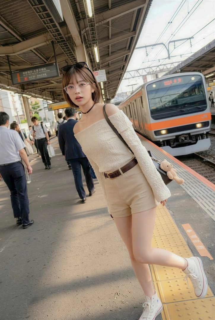 Stylish young woman with short brown hair and glasses posing confidently on a busy Japanese train platform beside an arriving train.