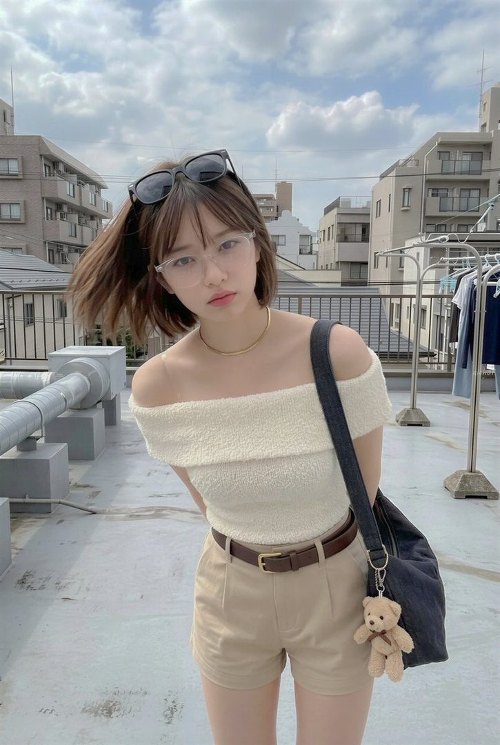 Young Asian woman with short brown bob hair posing on an urban rooftop wearing an off-shoulder white fuzzy top and beige shorts.