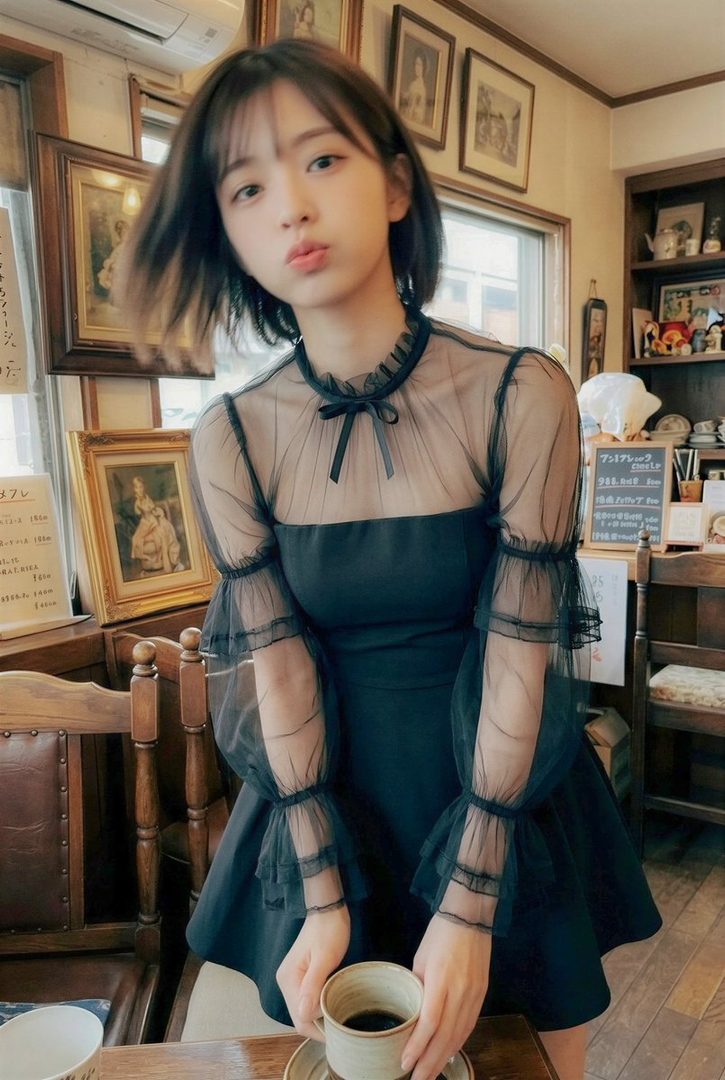 Young woman with short dark hair in a black sheer dress stands in a cozy cafe holding a coffee cup.