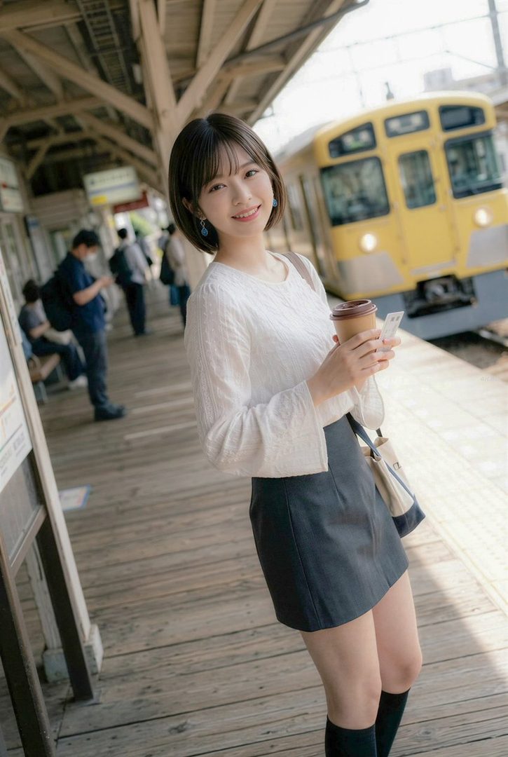 Young Japanese woman with short brown hair smiling on a sunny train platform while holding coffee and a smartphone.