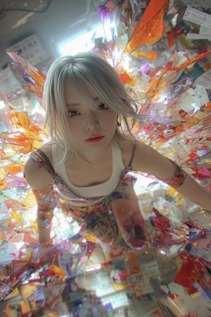 Silver-haired young woman in a vibrant patterned dress with colorful paper fragments exploding around her in a cluttered indoor space.