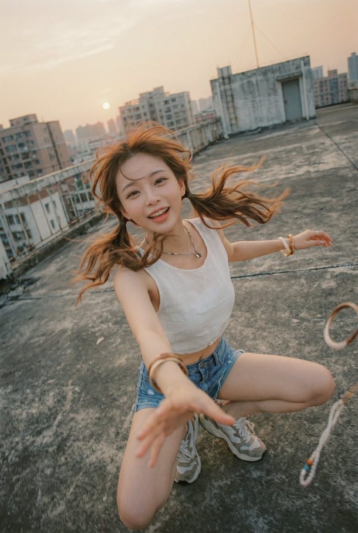 Young woman with flowing auburn twin tails joyfully posing on a city rooftop at sunset.
