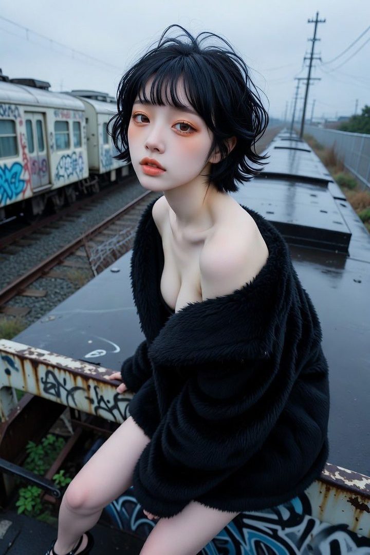 A young woman with short black hair and an off-shoulder fuzzy black jacket sits on an abandoned train car, looking towards the viewer with a moody expression.