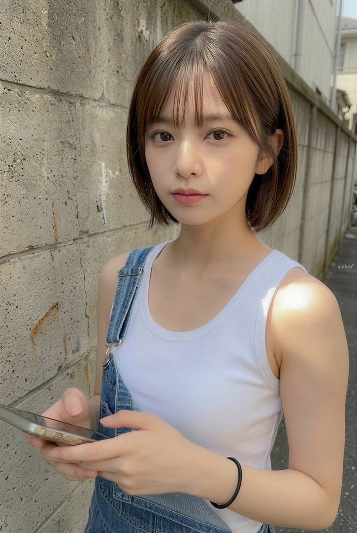 Young woman with short brown bob hair wearing denim overalls over a white tank top, holding a smartphone against a concrete wall outdoors.