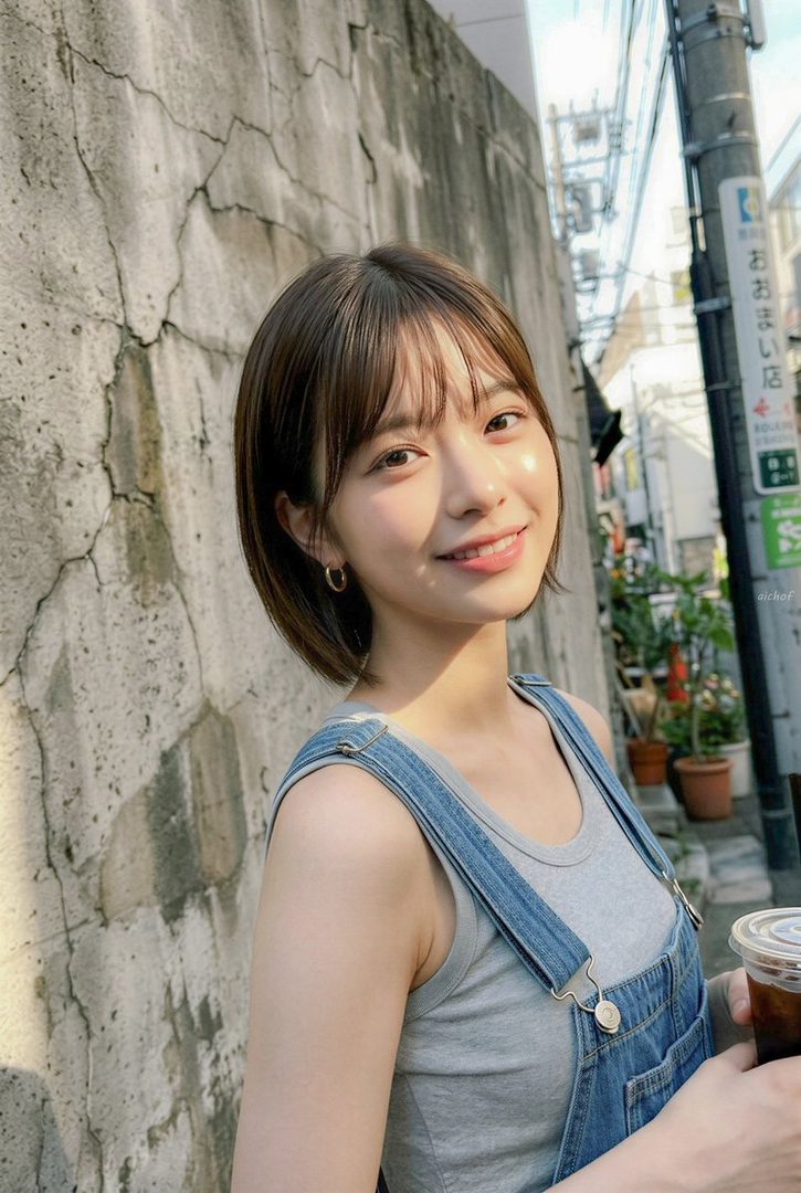 Young Japanese woman with short brown bob hair wearing denim overalls smiles while standing in a narrow urban alley.