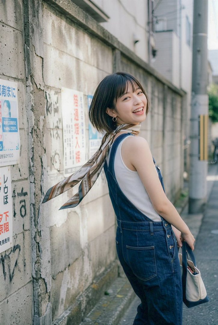 A smiling young woman in denim overalls and a patterned scarf poses in a narrow Japanese urban alley.