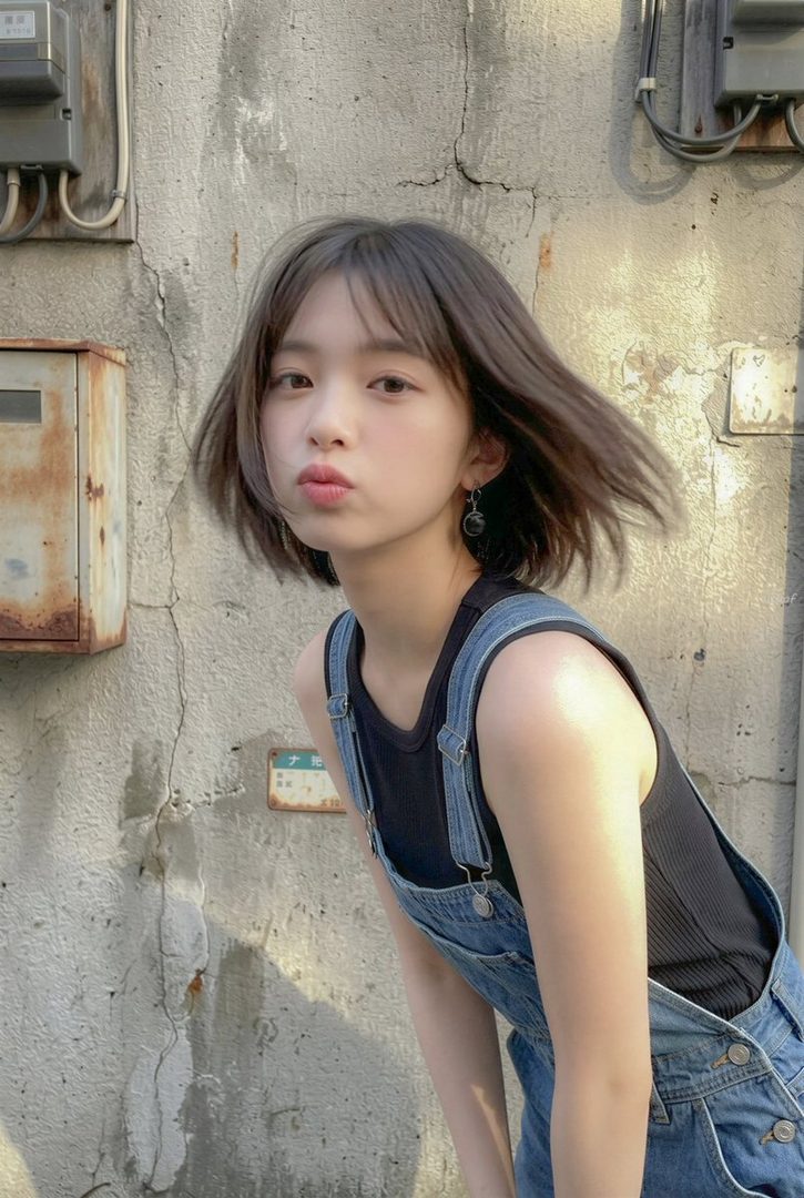 Young woman with a short dark bob haircut wearing blue denim overalls over a black top, posing playfully against a weathered concrete wall in natural sunlight.
